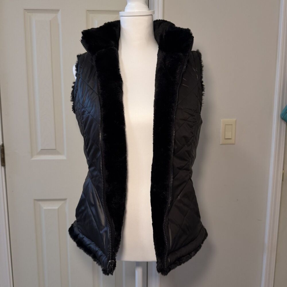 Black Reversible Faux Fur Vest Quilted Puffer Nicole Miller Small